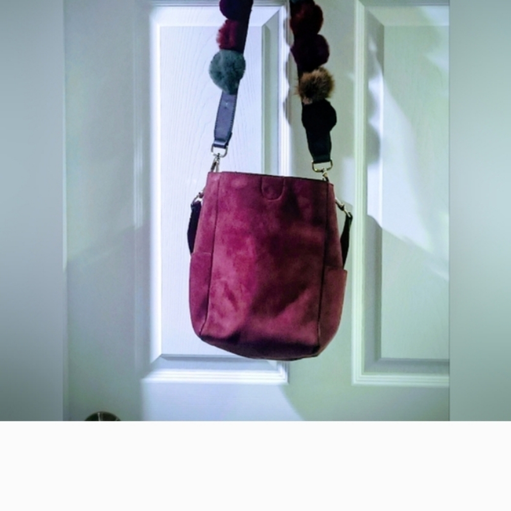 Purple Suede Shoulder Bag with Pom-Pom Strap - Picture 9 of 9